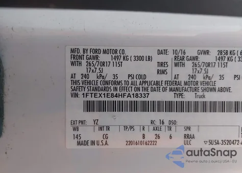 2017 Ford F-150 Xl z USA, uszkodzony, nr VIN 1FTEX1E84HFA18337